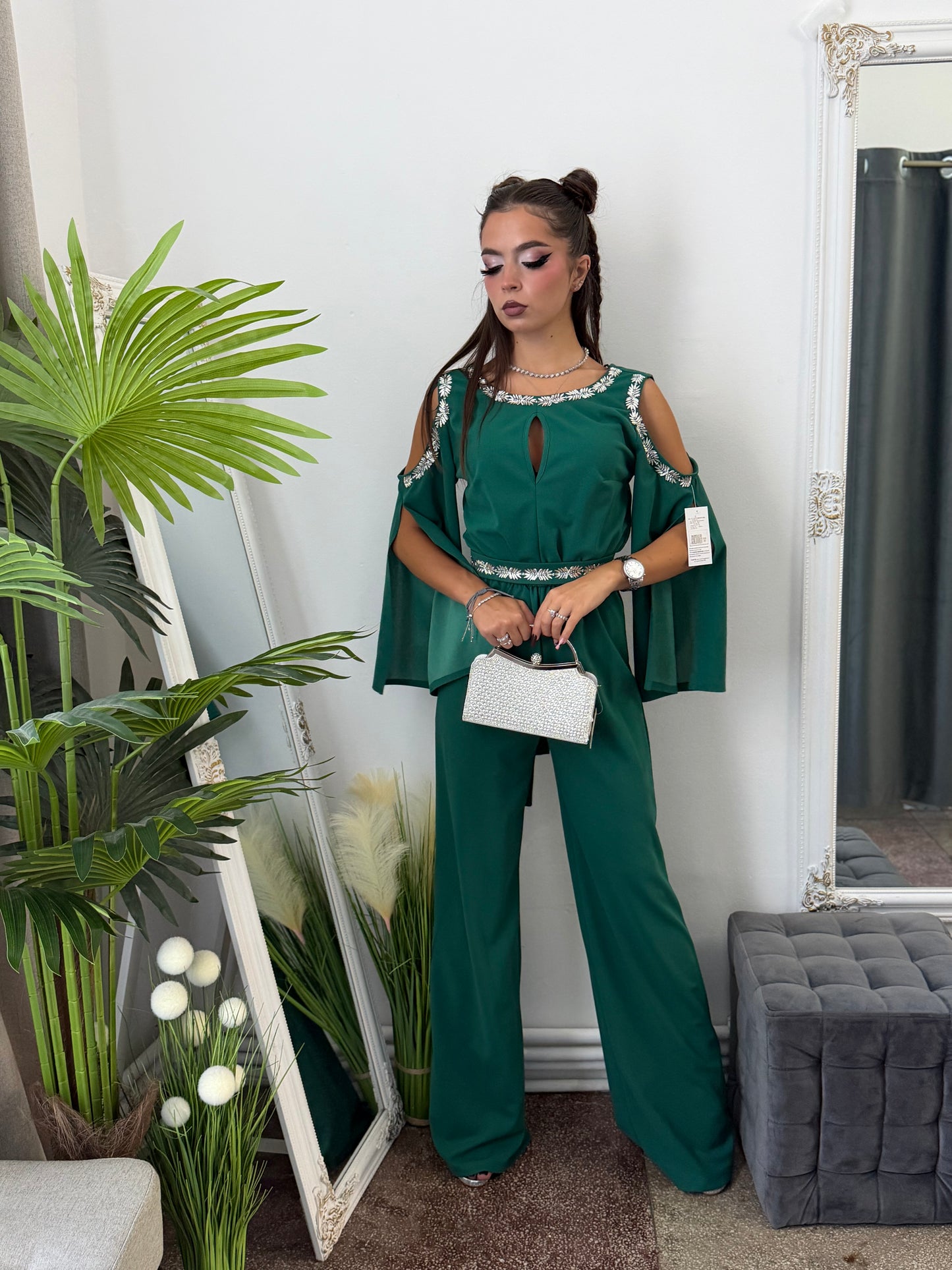 Salopetă elegantă verde cu detalii argintii ELSA