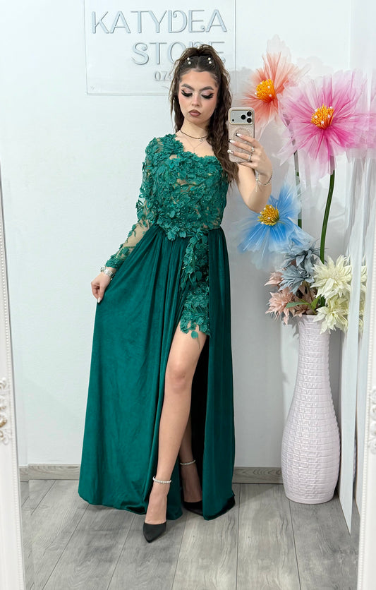 Rochie verde spectaculoasă din catifea și dantelă DELUX