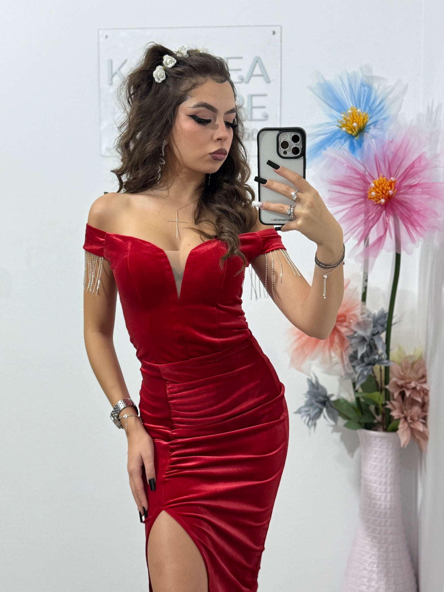 Rochie elegantă rosie din catifea, cu umeri goi și despicătură pe picior Lolita