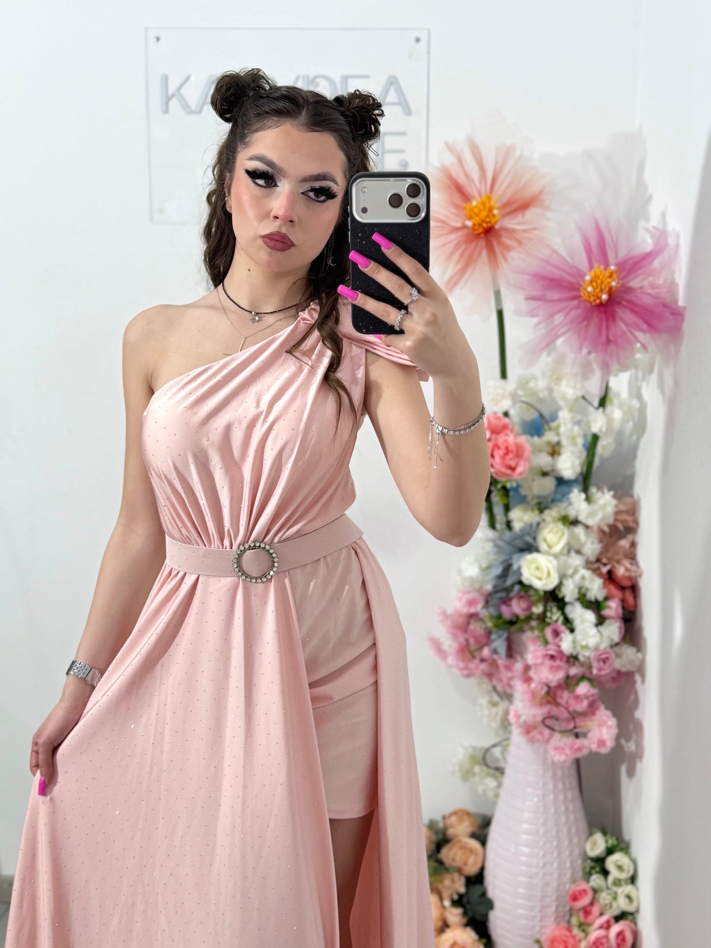 Rochie elegantă cu cristale roz pudră Cleopatra