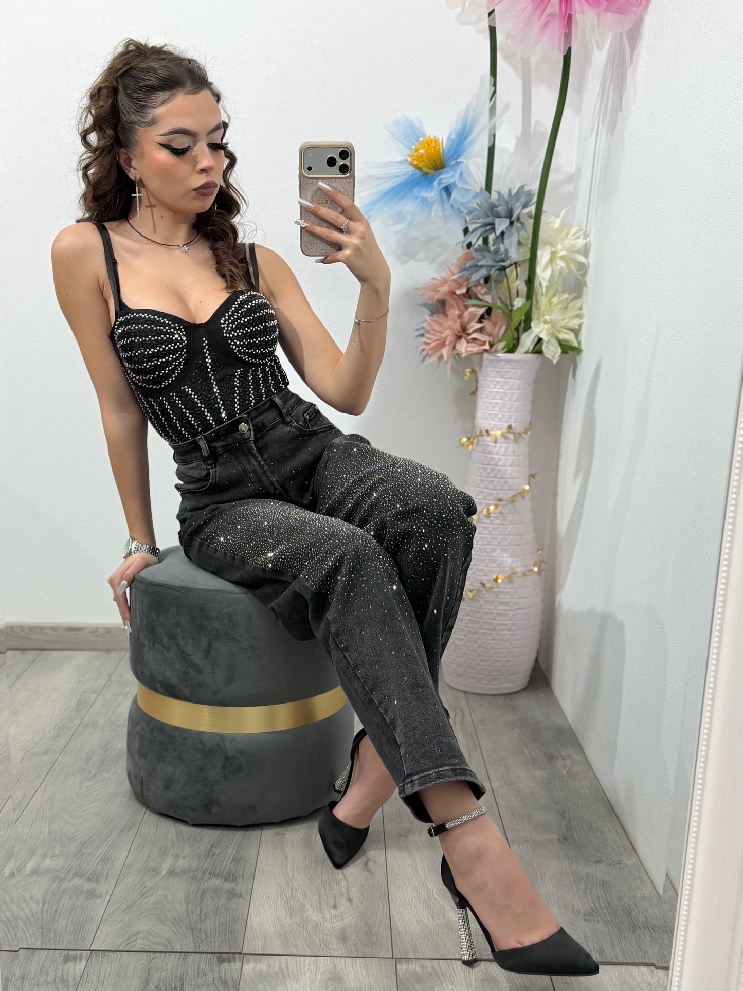 Jeans Baggy Fit cu cristale ștanțate ANNA