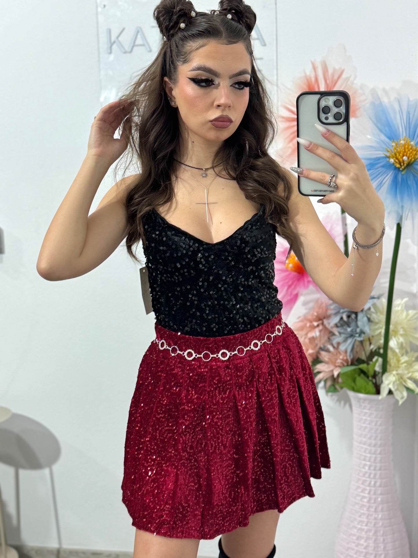 Fustă-pantalon plisată din paiete roșie DELIA