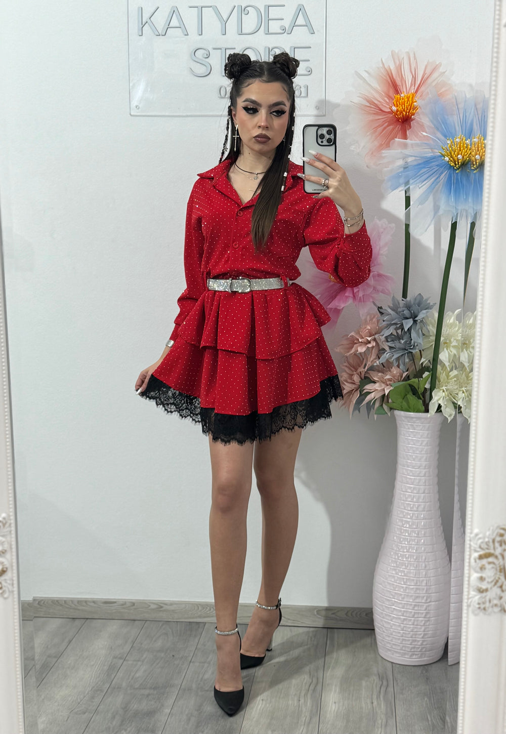 Rochie roșie cu cristale ștanțate ALINA