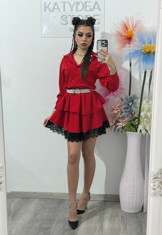 Rochie roșie cu cristale ștanțate ALINA