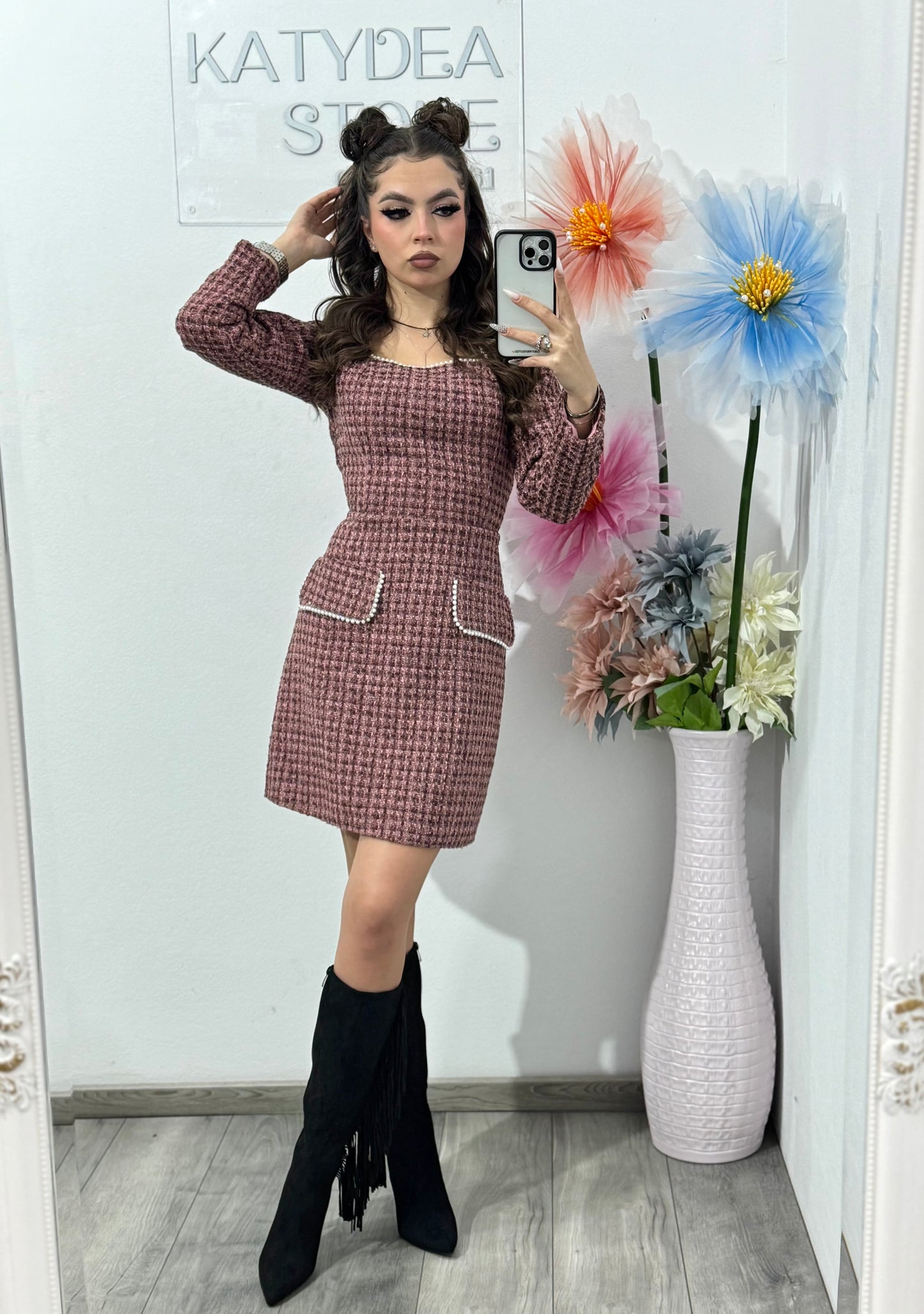 Rochie din tweed roz ELLA