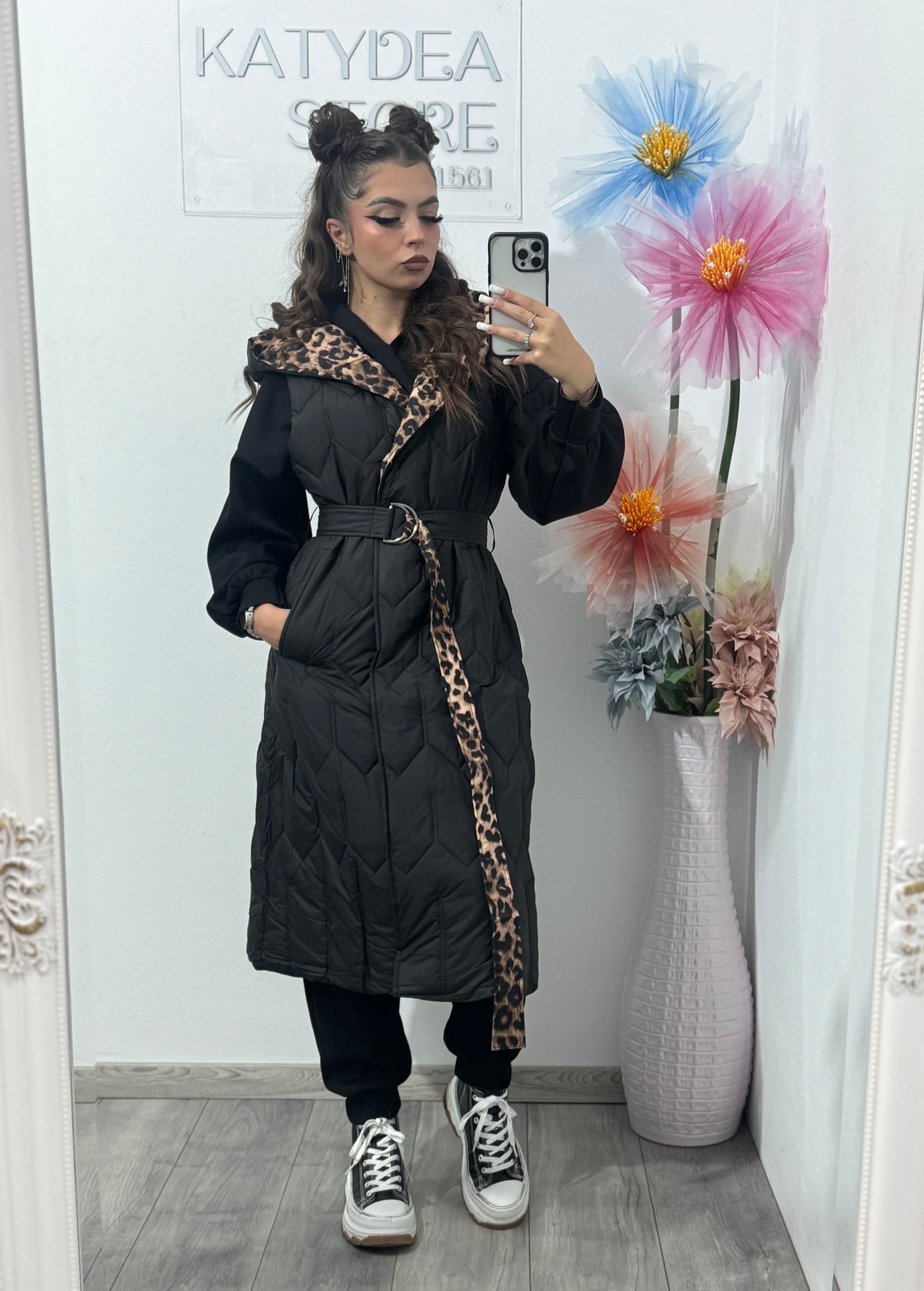 Vestă lungă neagră cu Animalprint Karla
