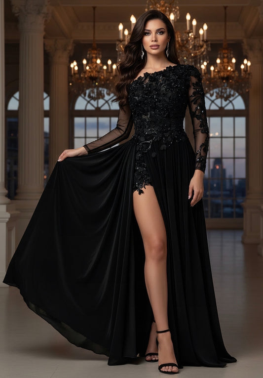 Rochie neagră spectaculoasă cu catifea și dantelă DELUX