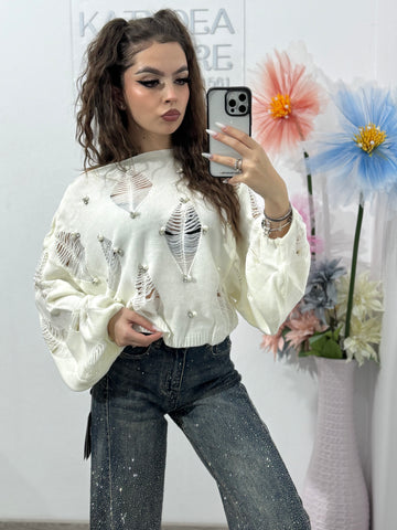 Pulover perforat cu perle și cristale RALUCA