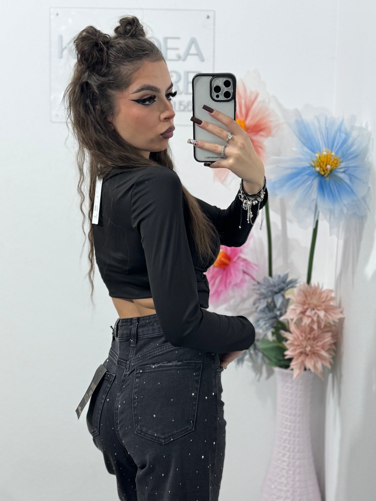 Jeans WideLeg cu cristale ștanțate negri Paulina