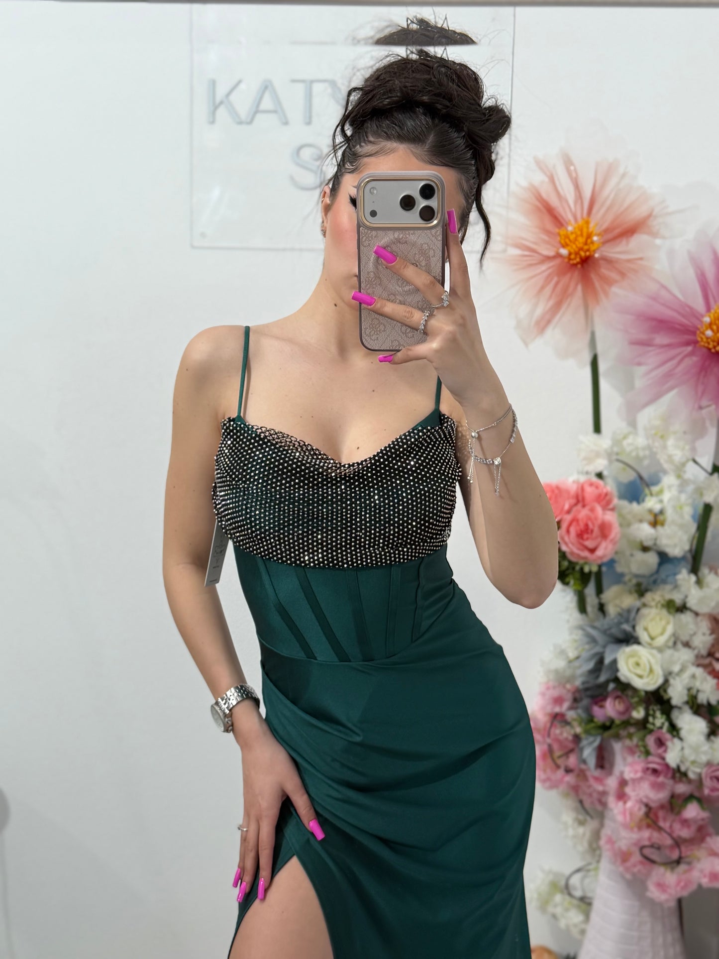 Rochie elegantă cu cristale verde smarald Katherine