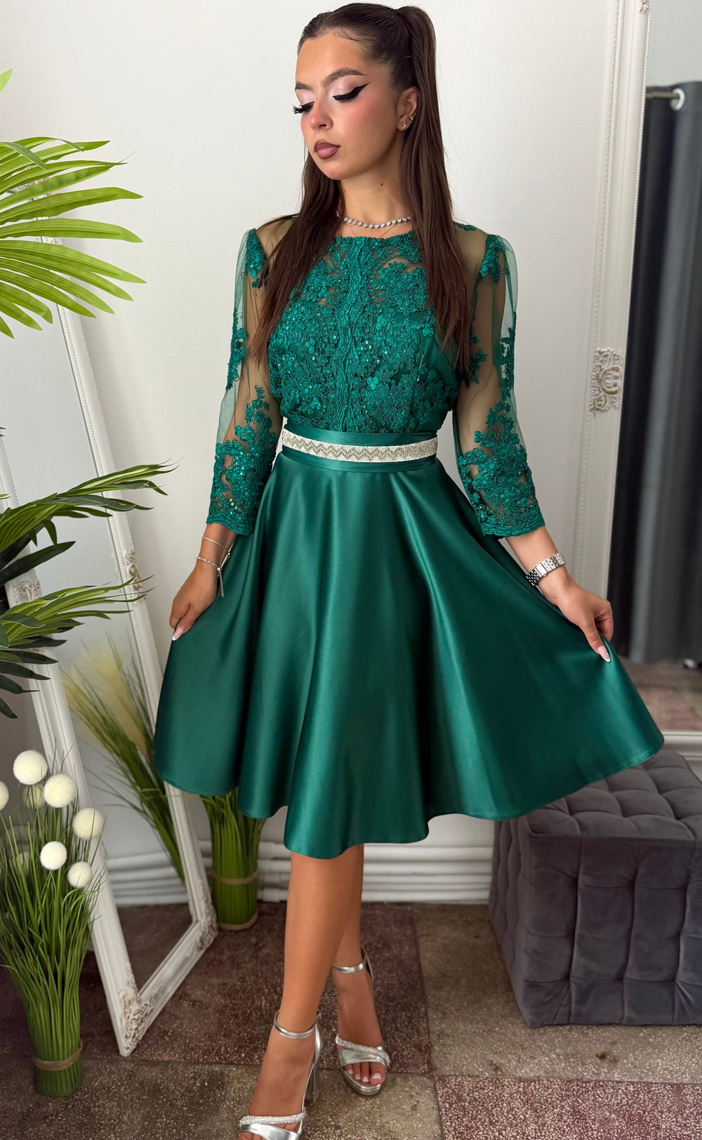 Rochie elegantă din tafta verde smarald EMA