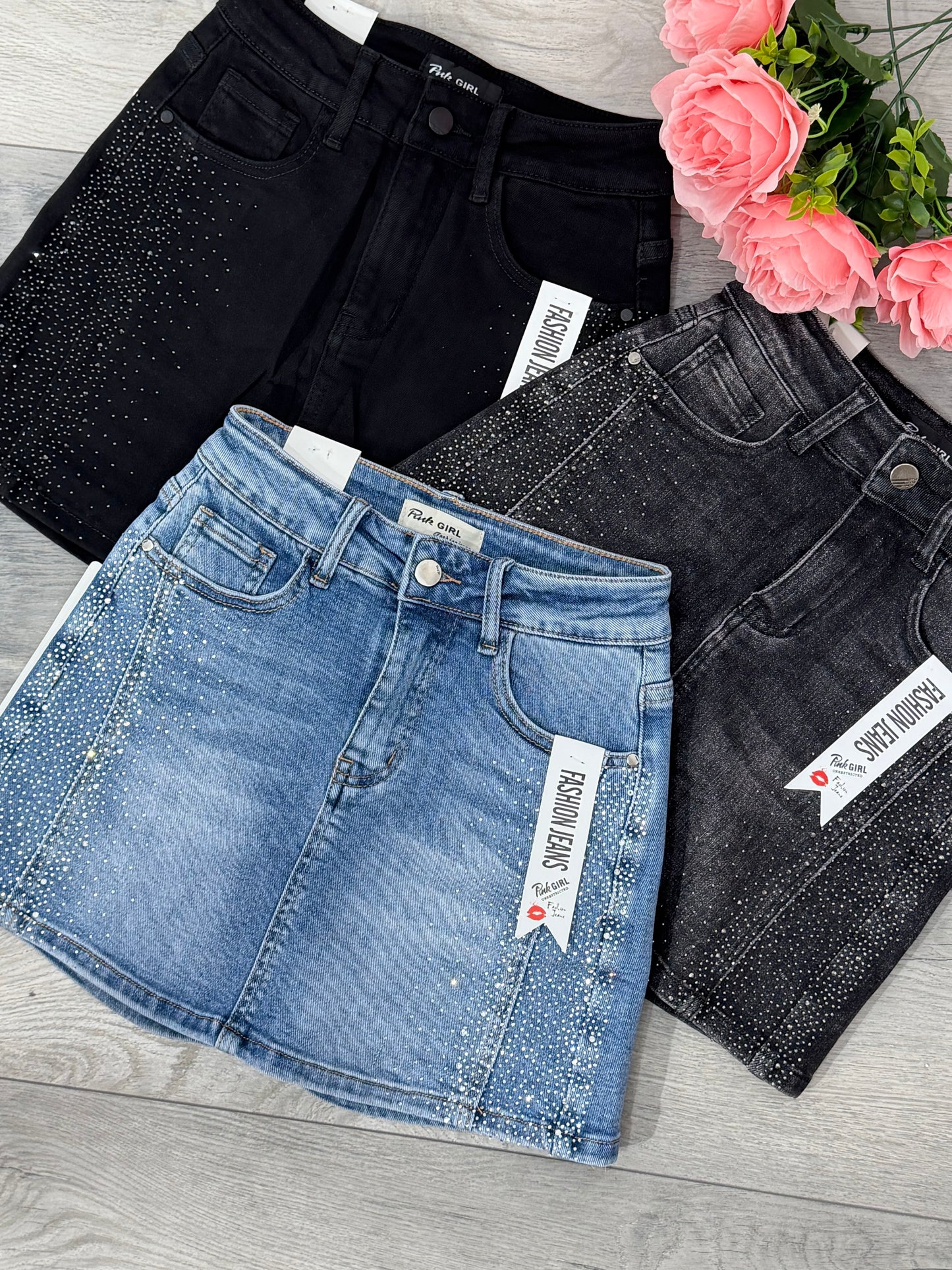 Fusta  pantalon din denim gri cu cristale argintii