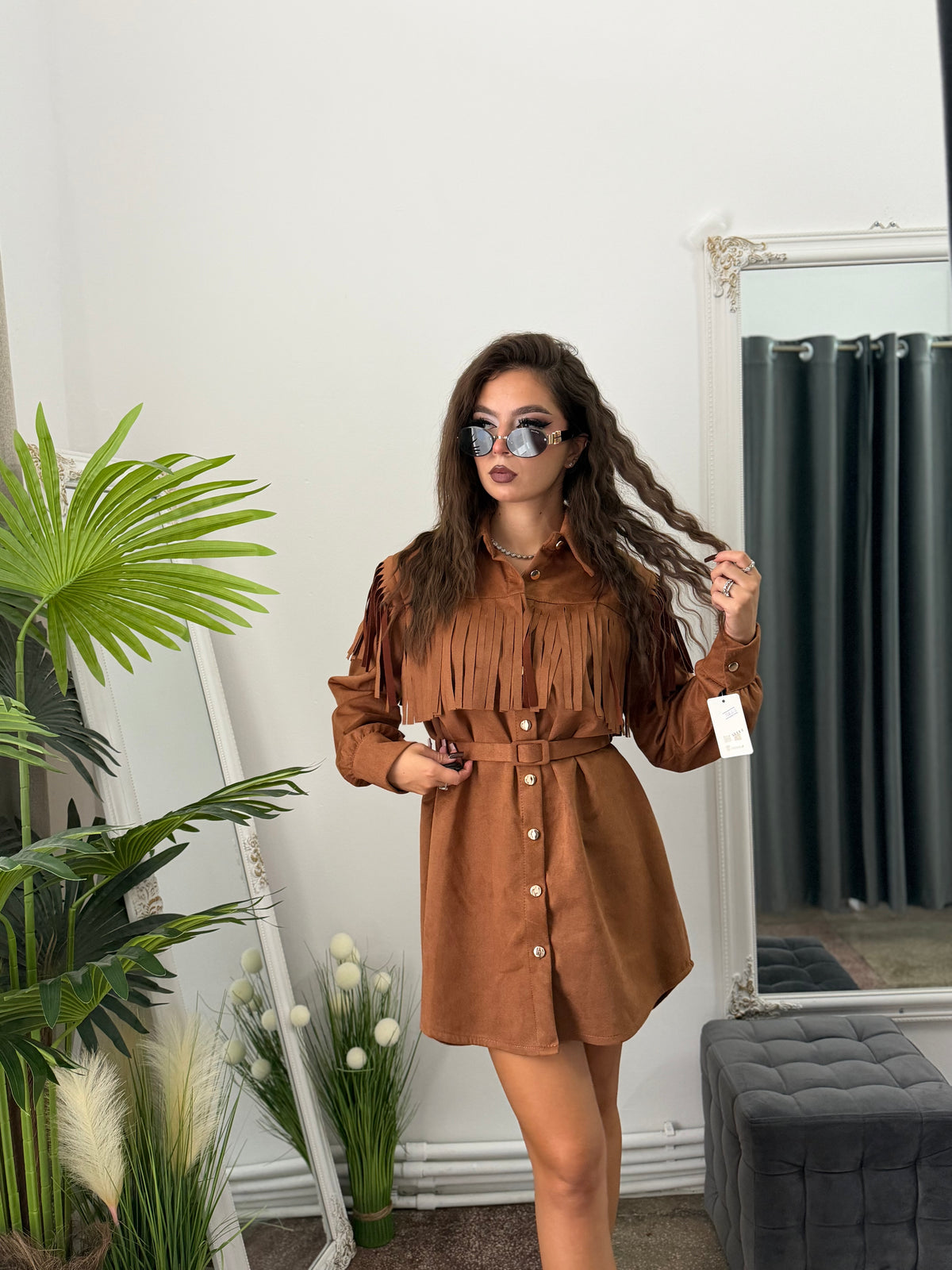 Rochie din piele întoarsă maro