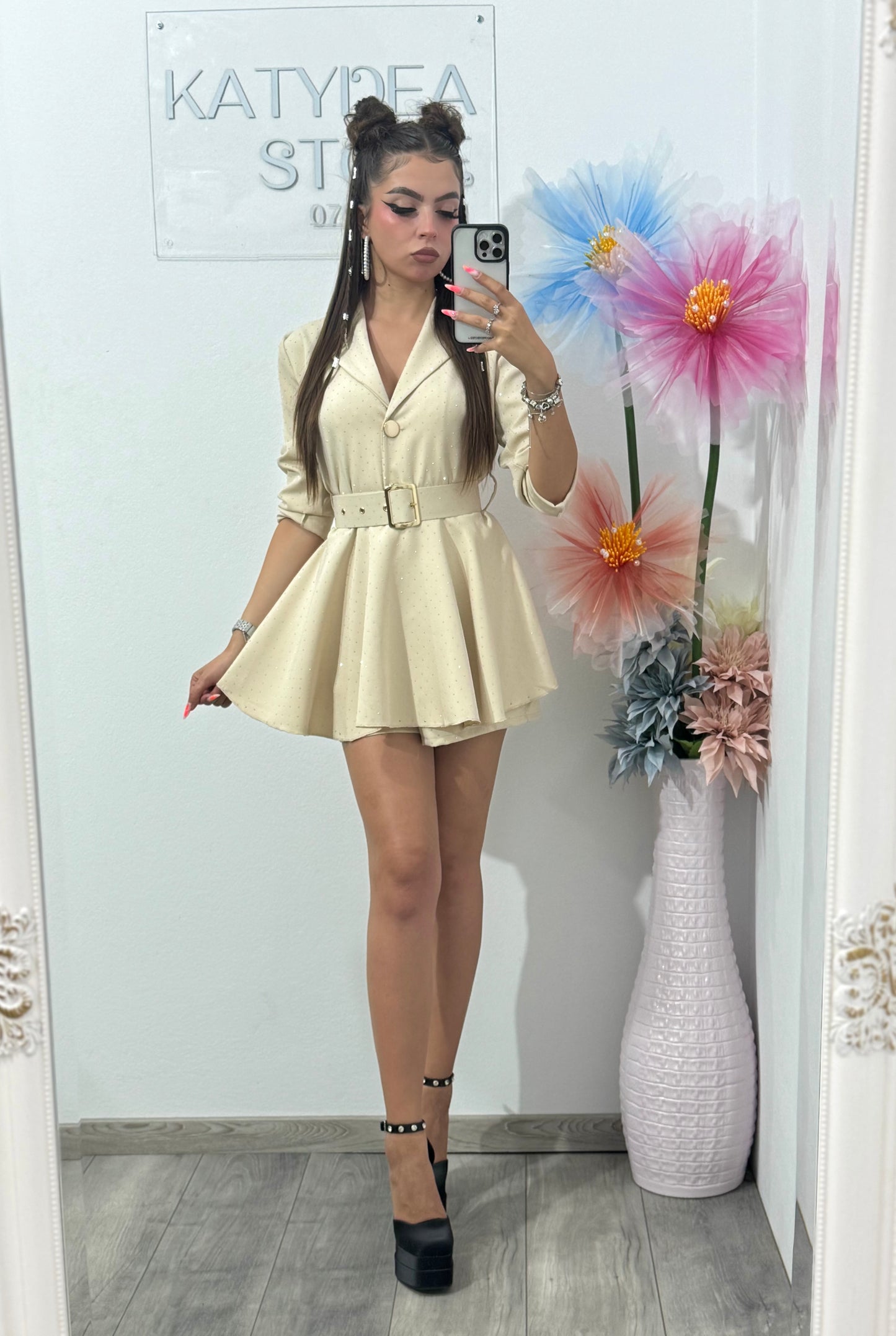 Salopetă full piatră beige Melania