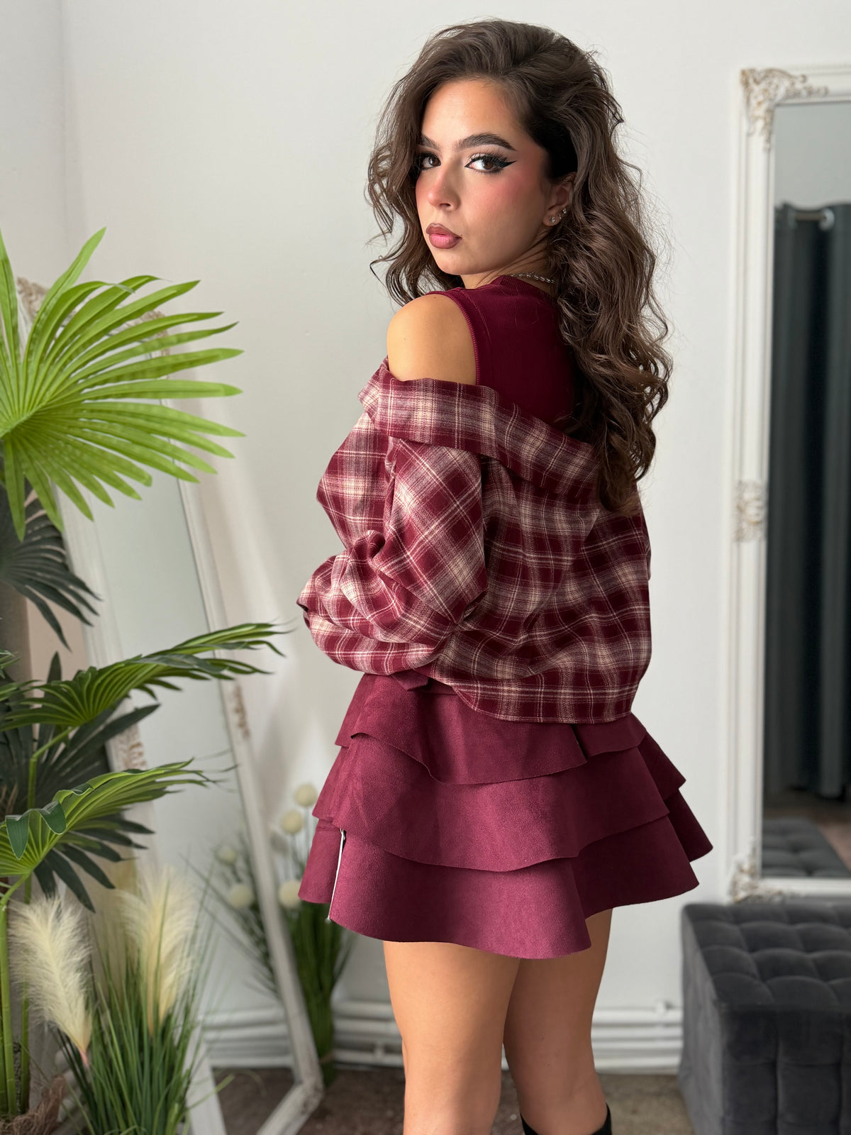 Fustă cu volanase burgundy