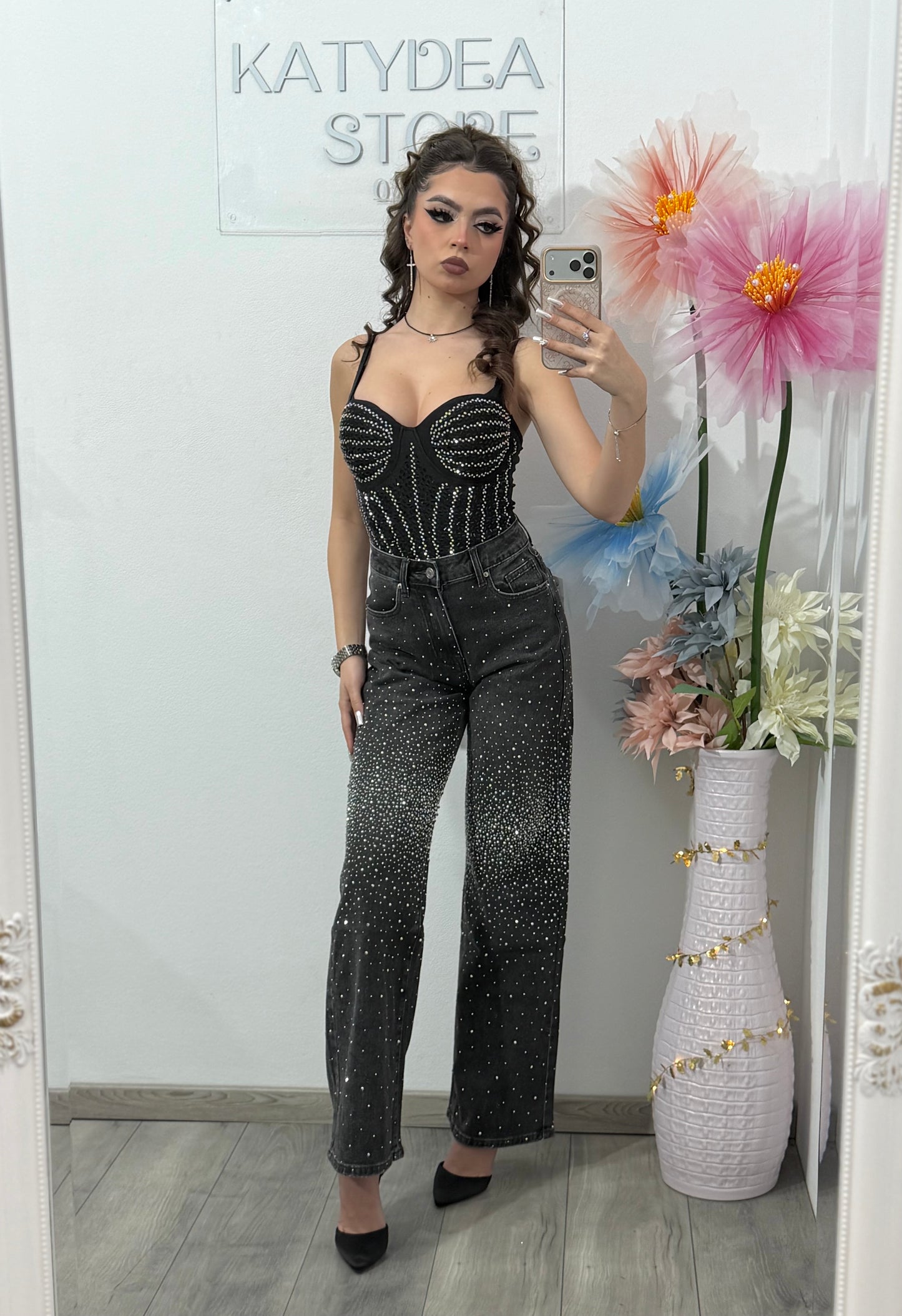 Jeans WideLeg gri cu cristale ștanțate MAYA