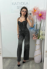 Jeans WideLeg gri cu cristale ștanțate MAYA