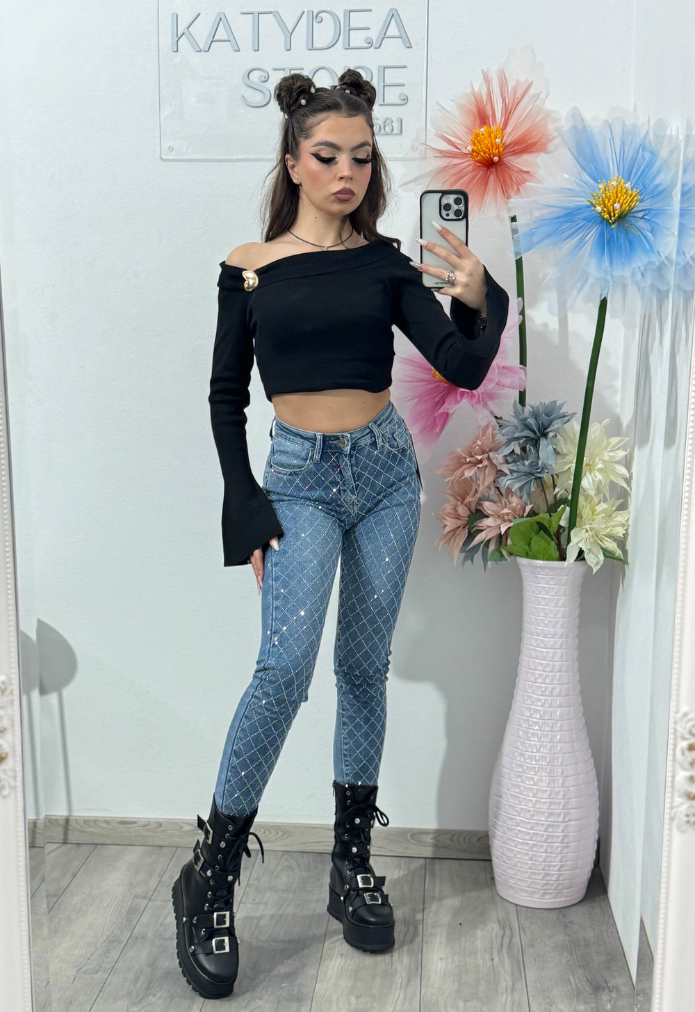 Jeans skinny albaștri cu cristale ștanțate DANY