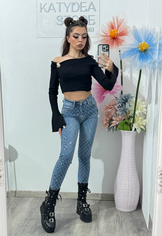 Jeans skinny albaștri cu cristale ștanțate DANY