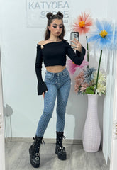Jeans skinny albaștri cu cristale ștanțate DANY