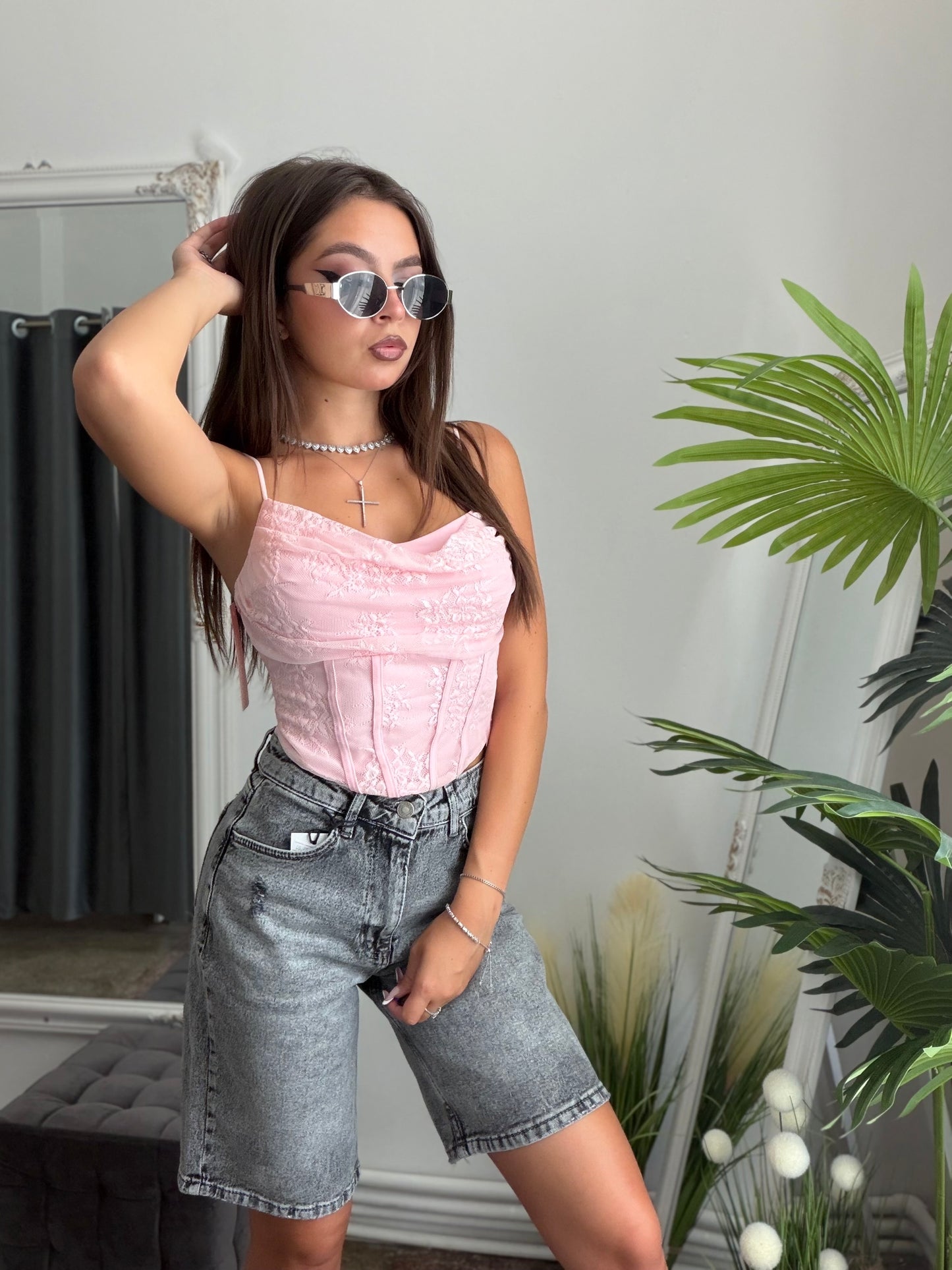 Jeans tip bermude gri PINK POCKET