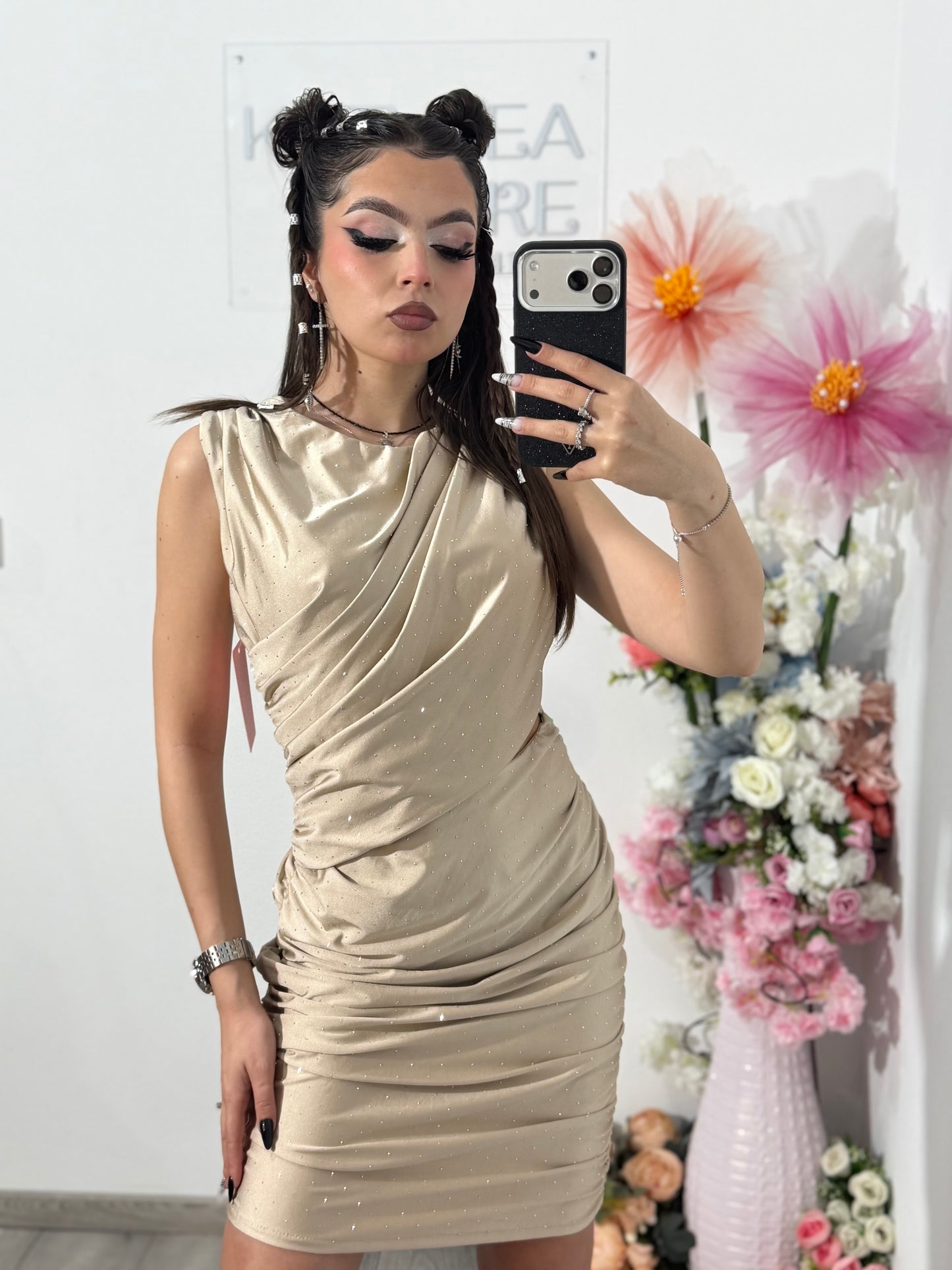 Rochie elegantă cu cristale ștanțate bej SELENA