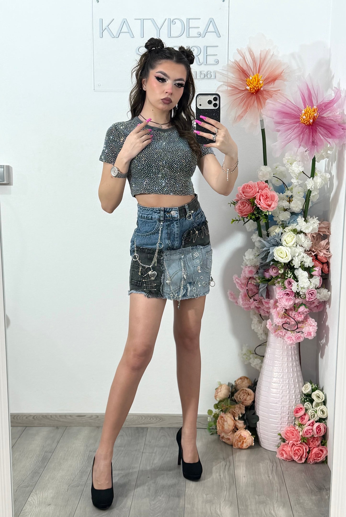 Fustă din denim patchwork ALIS