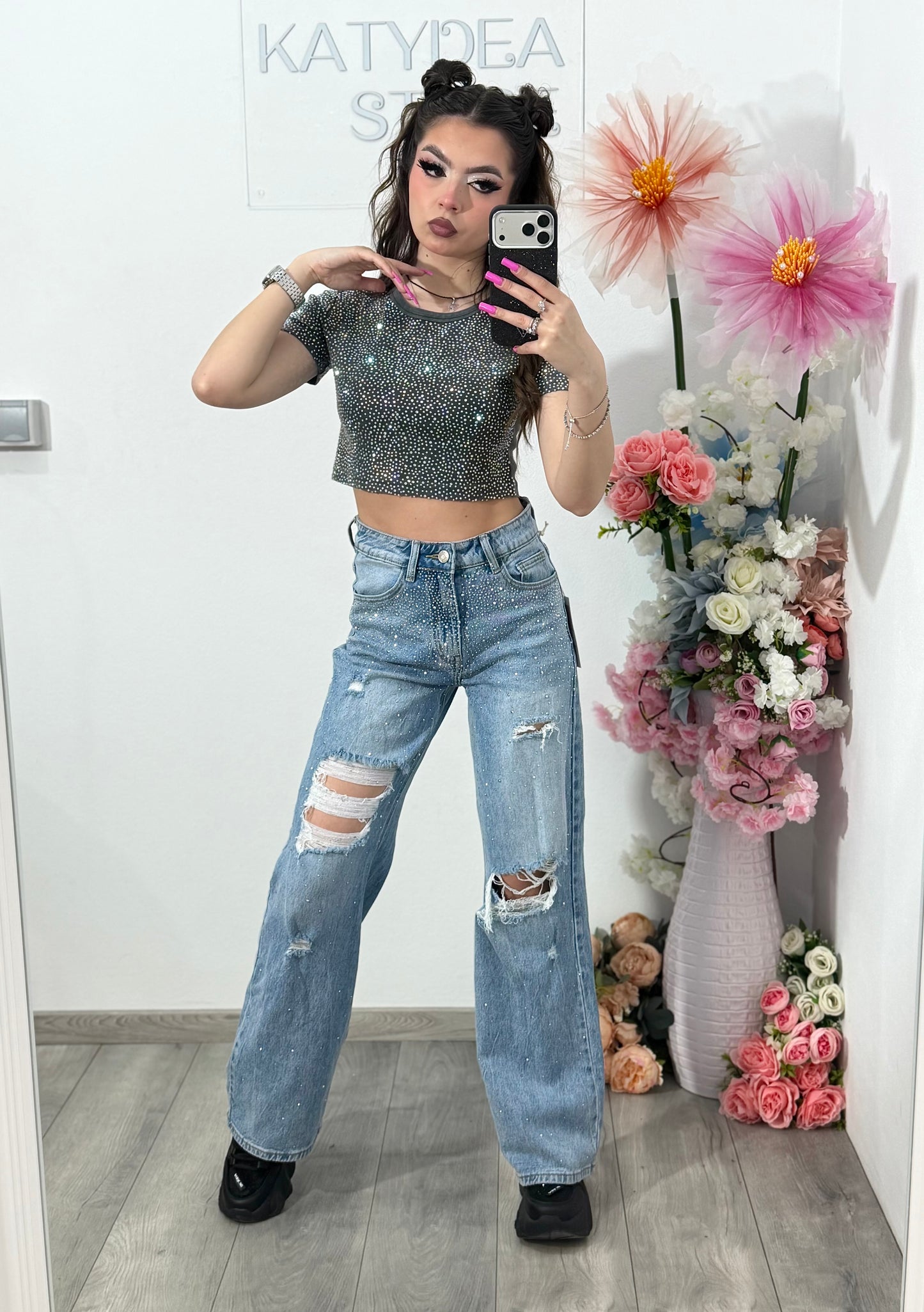 Jeans WideLeg cu cristale DELYA