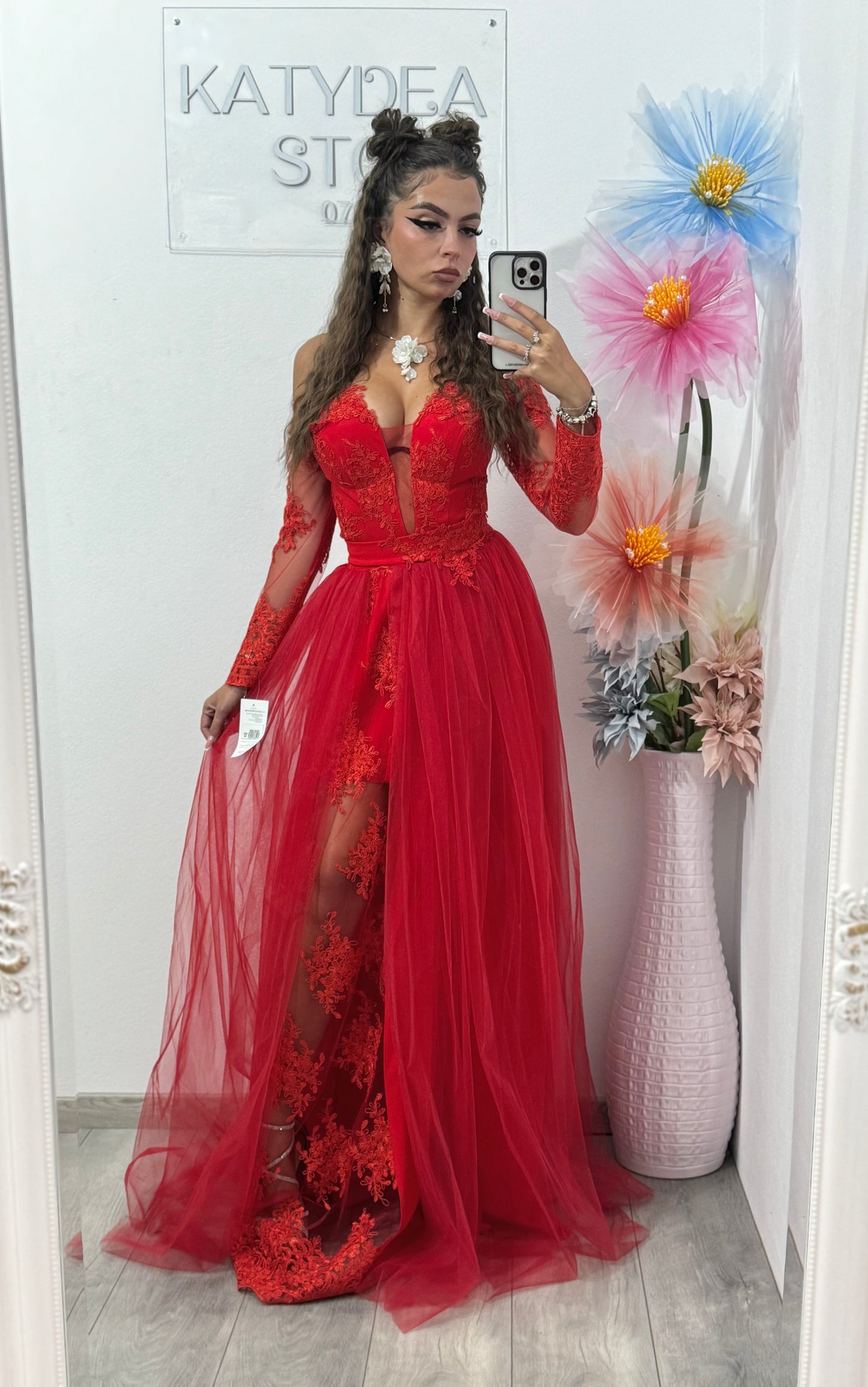 Rochie rosie de seara lunga Vivian din tulle si dantela