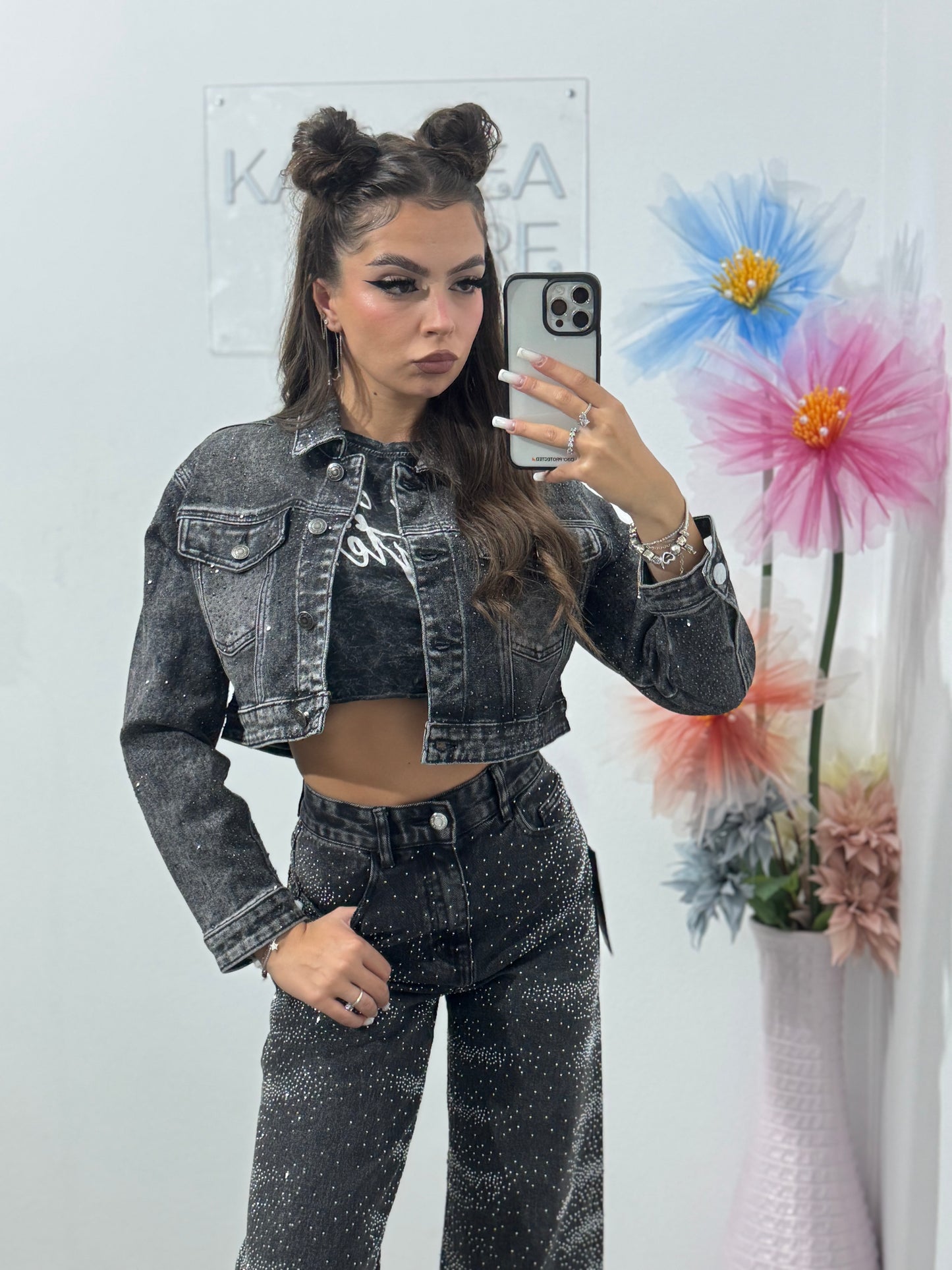Jeans WideLeg cu cristale ștanțate Glam