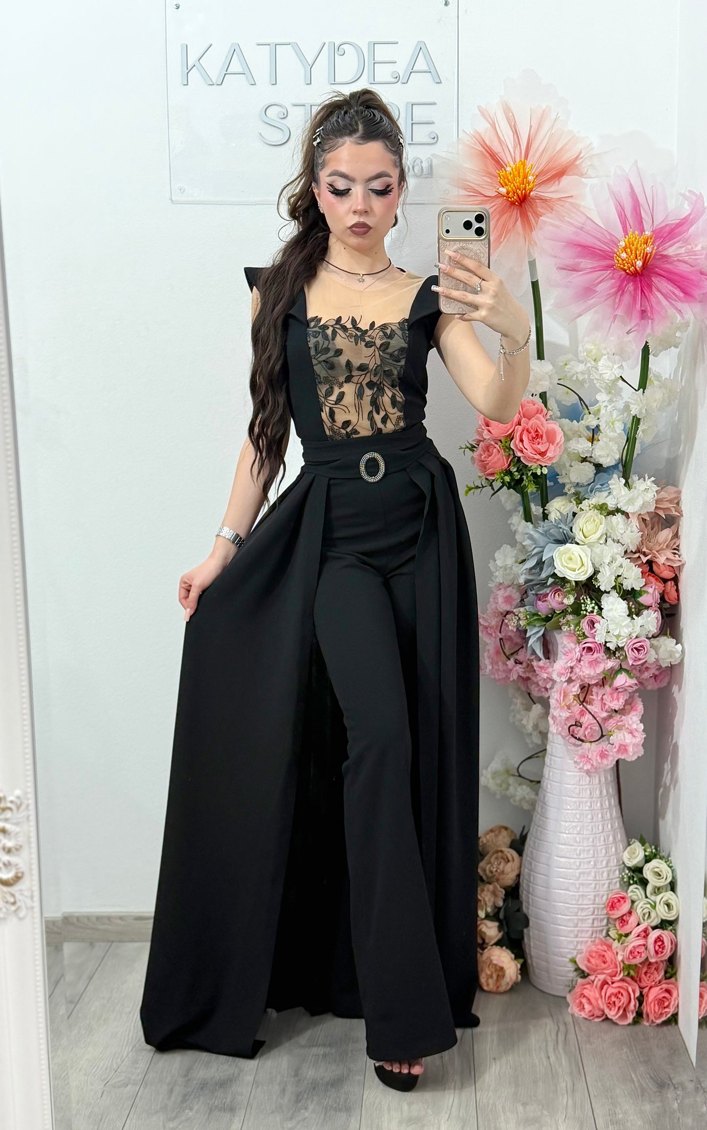 Salopeta neagra eleganta cu trena detasabilă Belle