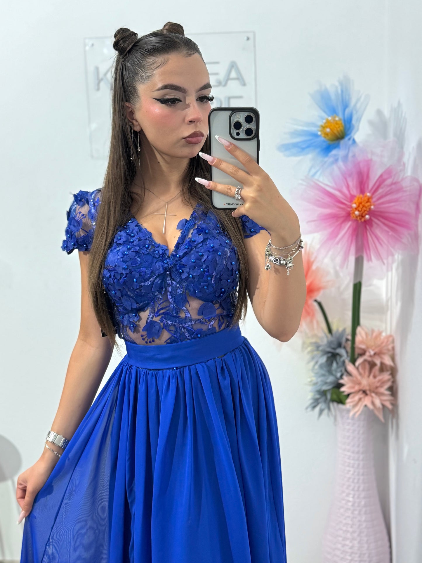 Rochie din voal cu dantelă 3D albastra Lucy