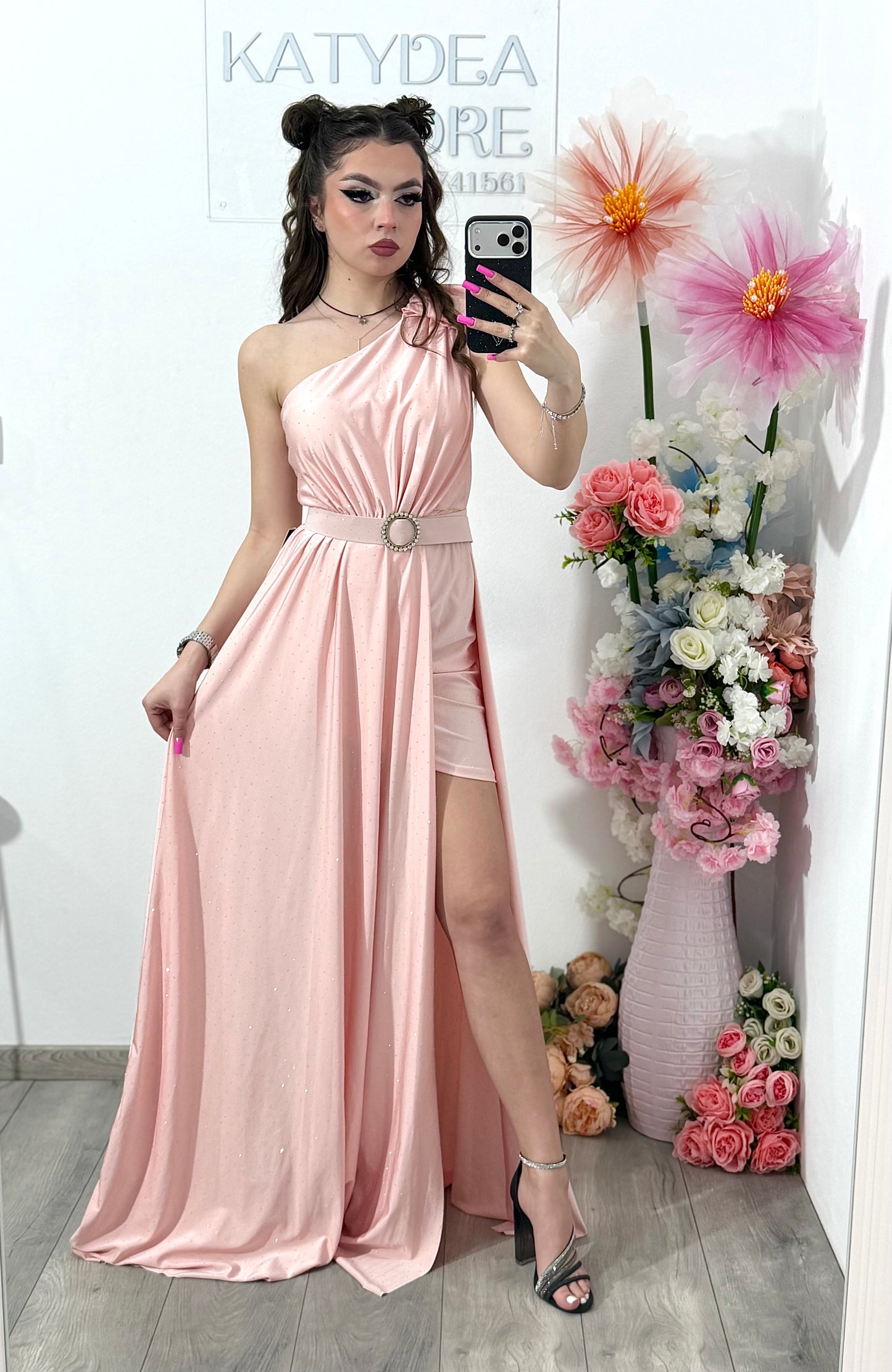 Rochie elegantă cu cristale roz pudră Cleopatra