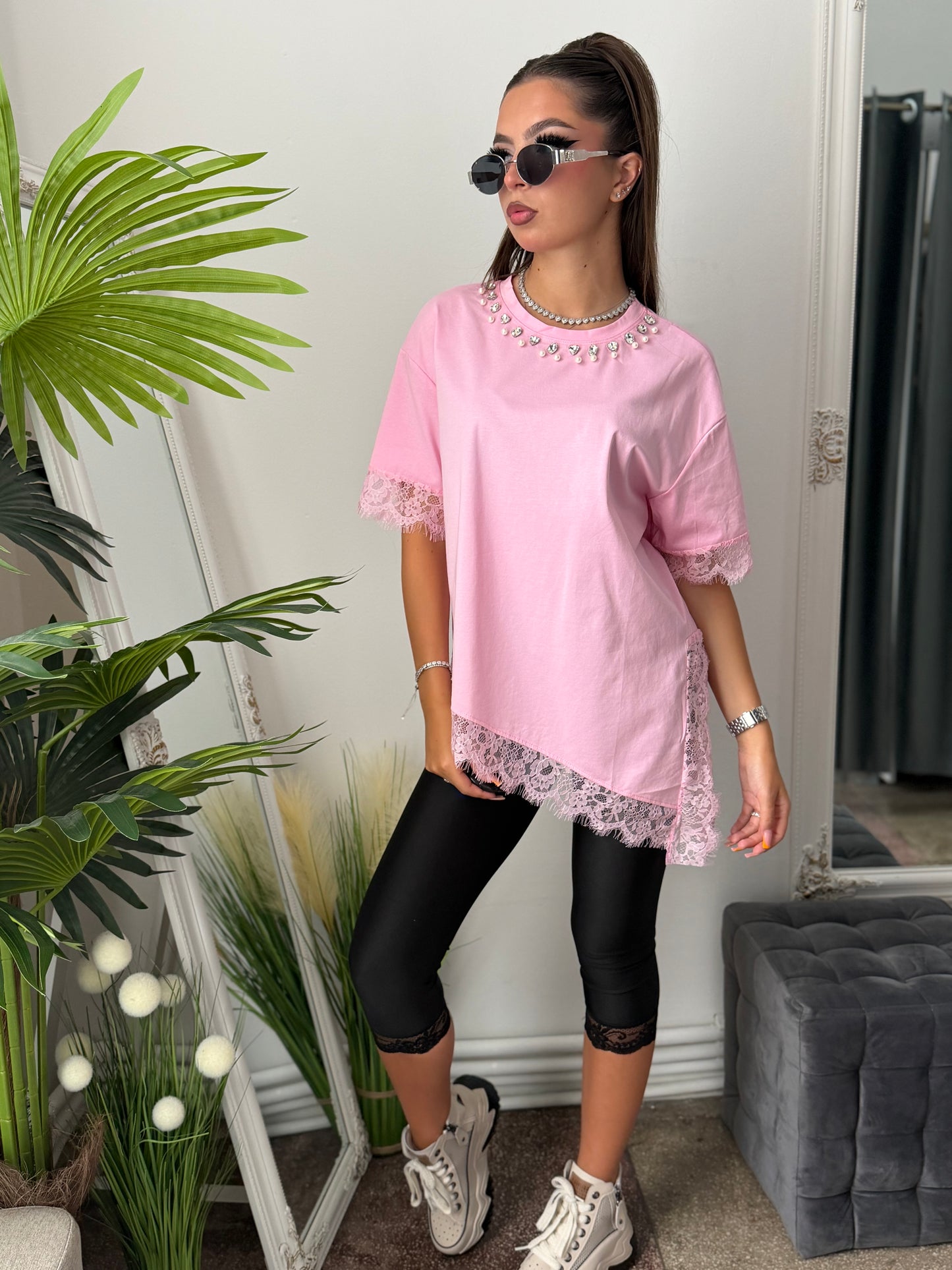 Tricou cu dantelă roz SARA