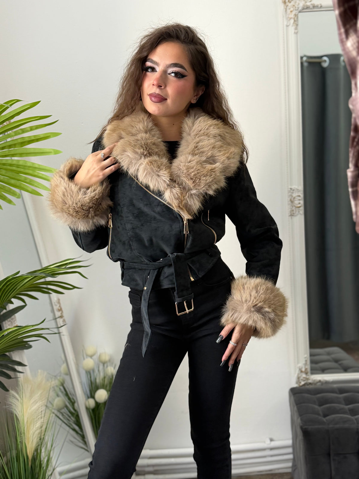 Geacă din imitație de piele și blană BLACK