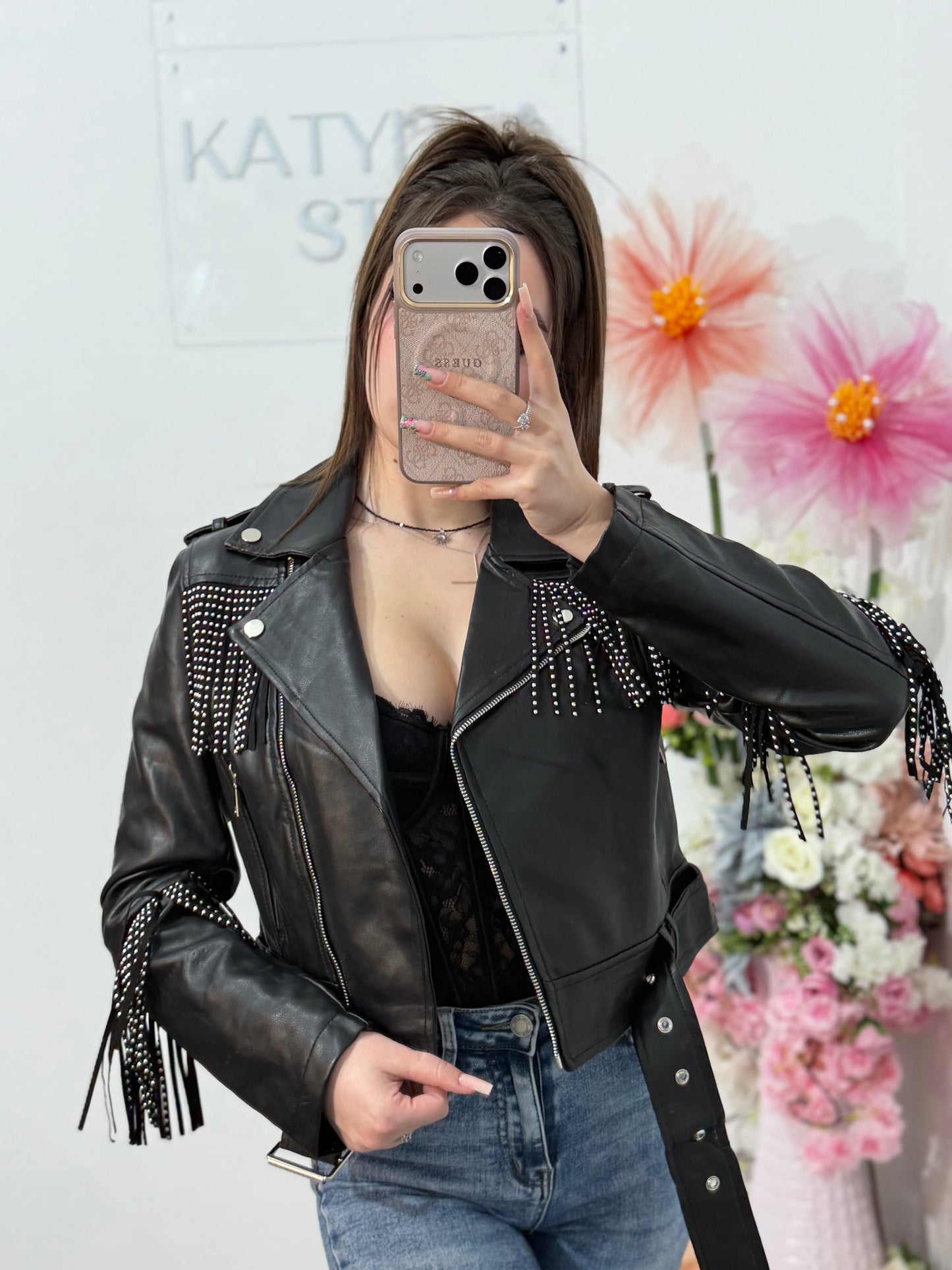 Geacă din imitație de piele cu franjuri neagră MARA