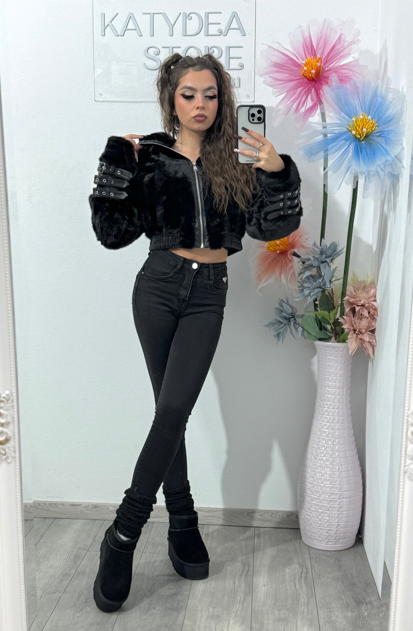 Geacă cu piele și blană neagră Andree