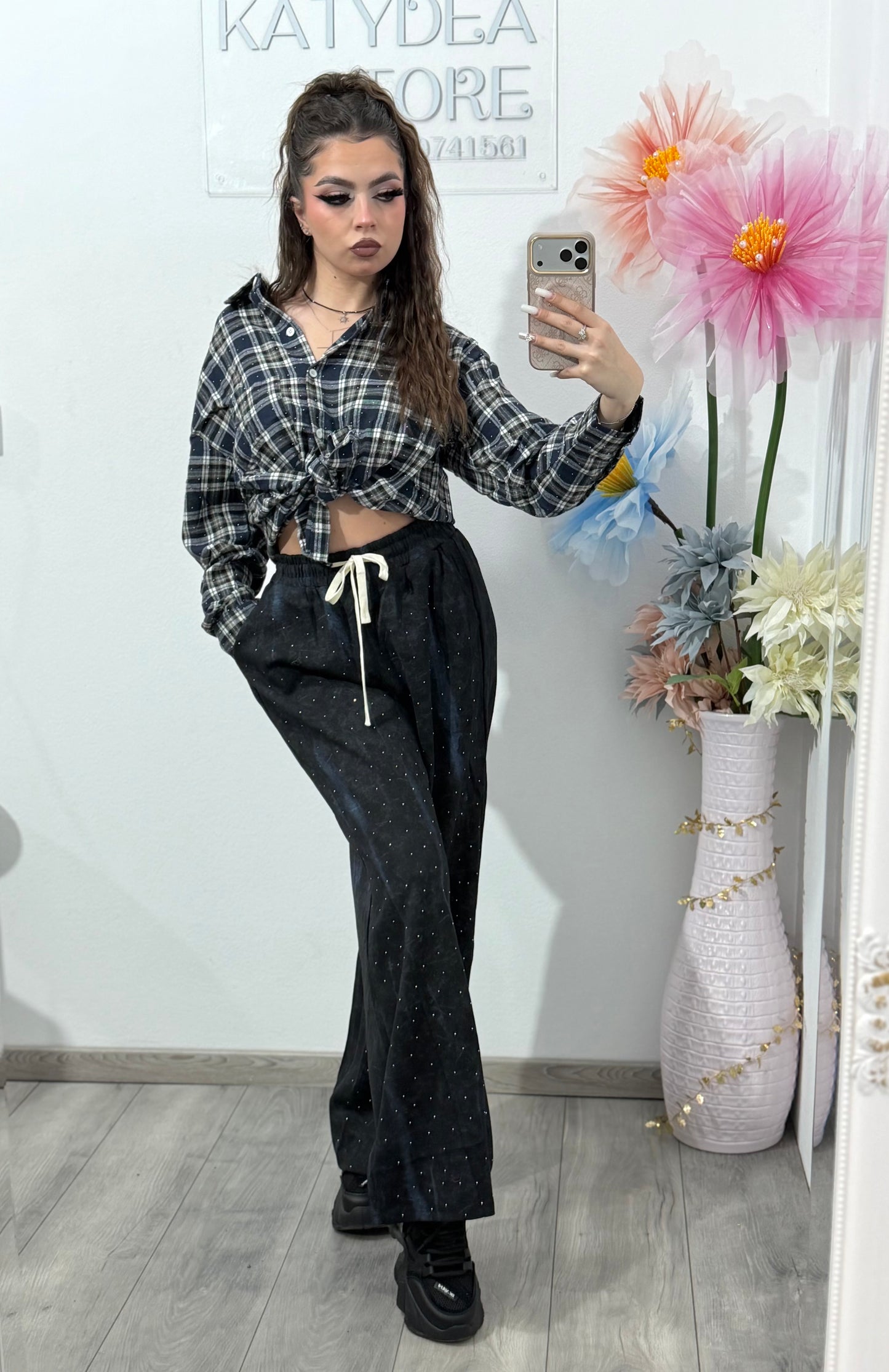 Pantaloni WideLeg black&blue cu cristale