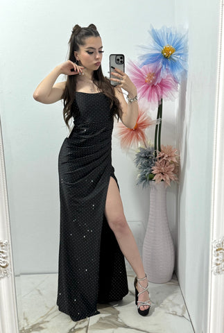 Rochie lungă cu corset pe spate neagră Caroline