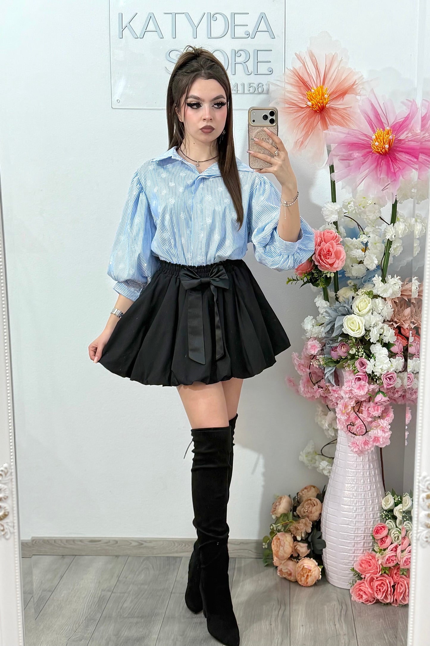 Cămașă delicată cu dungi și cristale ștanțate DELIA