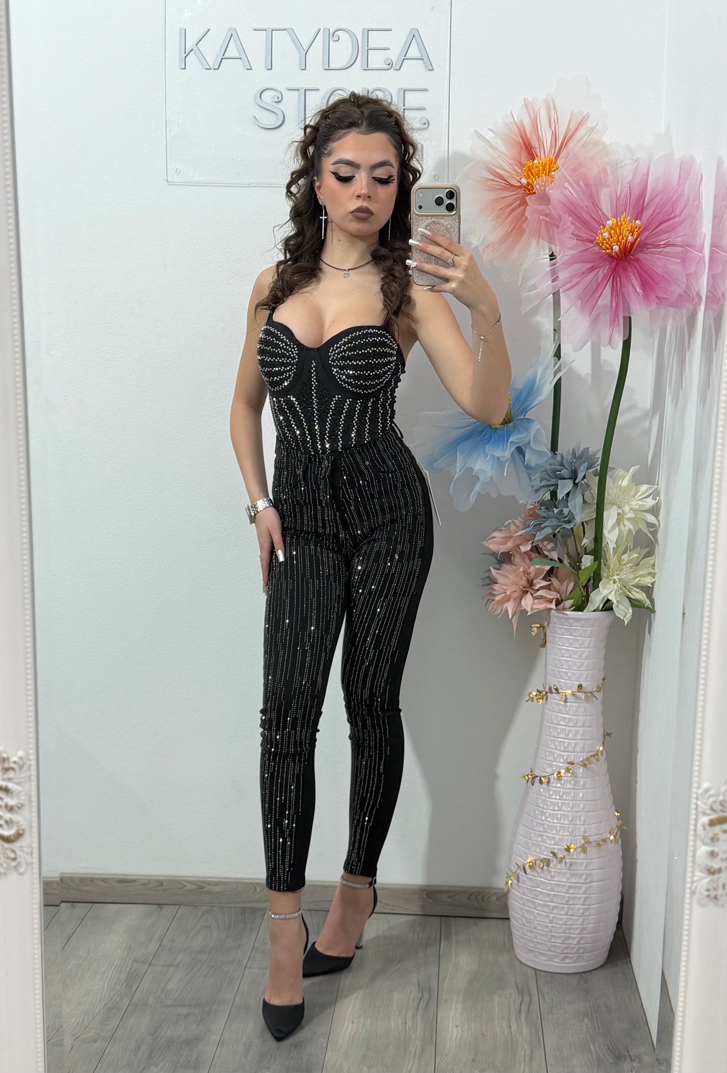 Jeans skinny negri cu cristale argintii BELLA