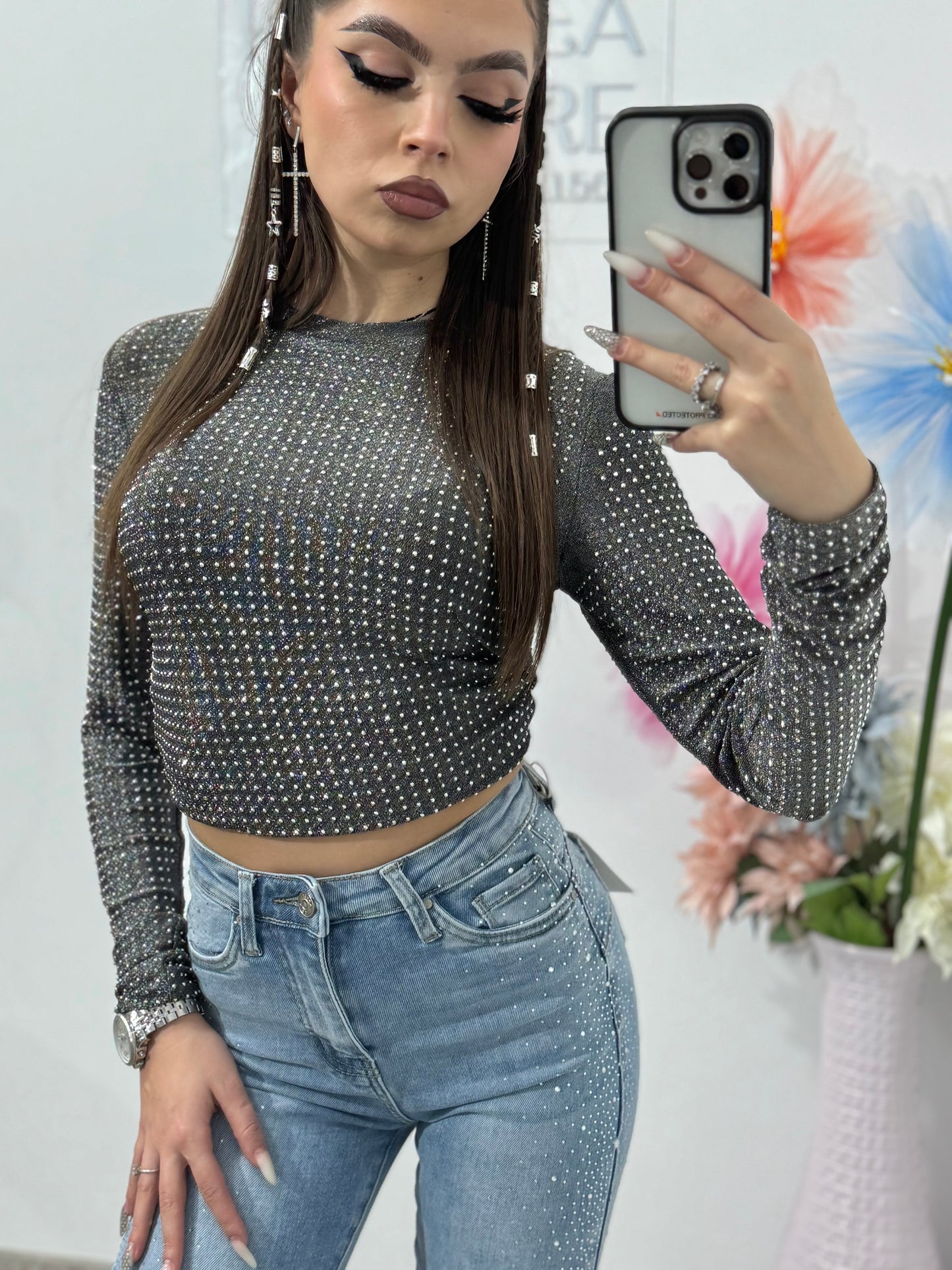 Jeans skinny albaștri cu cristale ANDREEA
