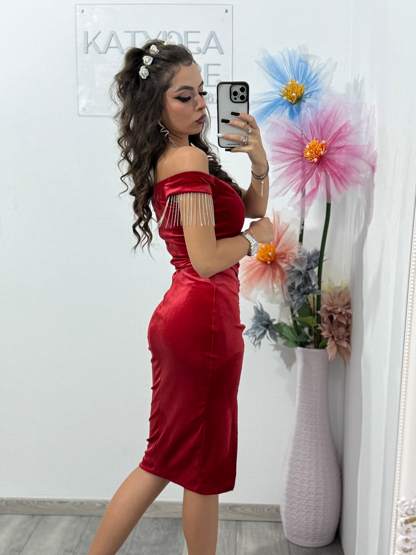 Rochie elegantă rosie din catifea, cu umeri goi și despicătură pe picior Lolita
