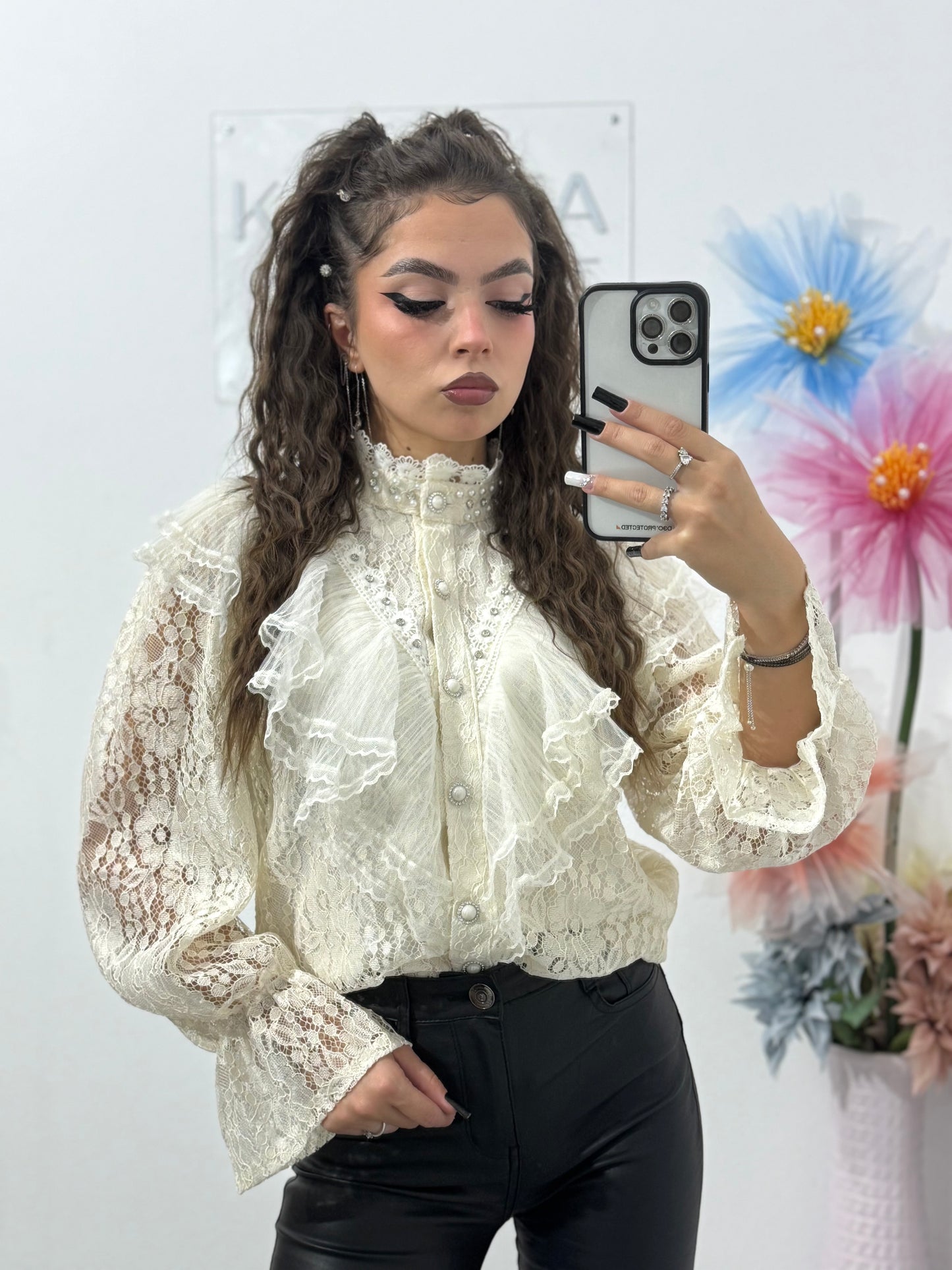 Cămașă cu dantelă și cristale Glam