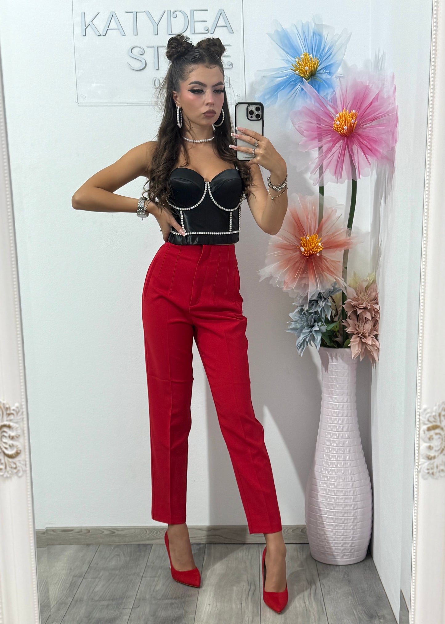 Pantalon rosii cu talie inalta Caroline