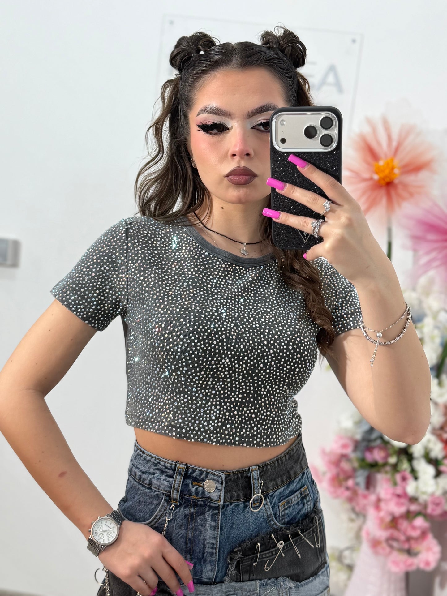 Tricou crop cu cristale ALIS