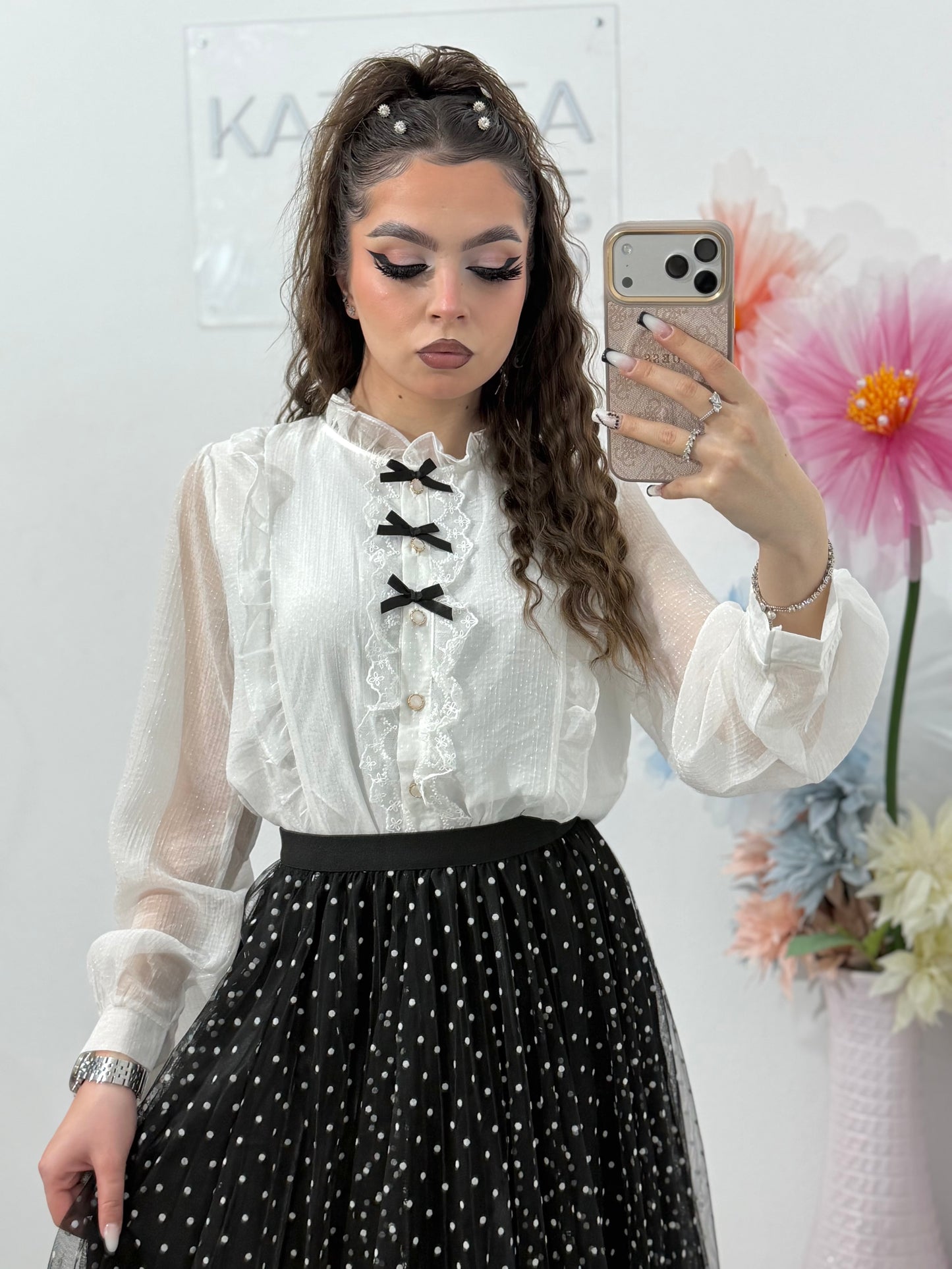 Cămașă elegantă din dantelă cu fundiță ELENA