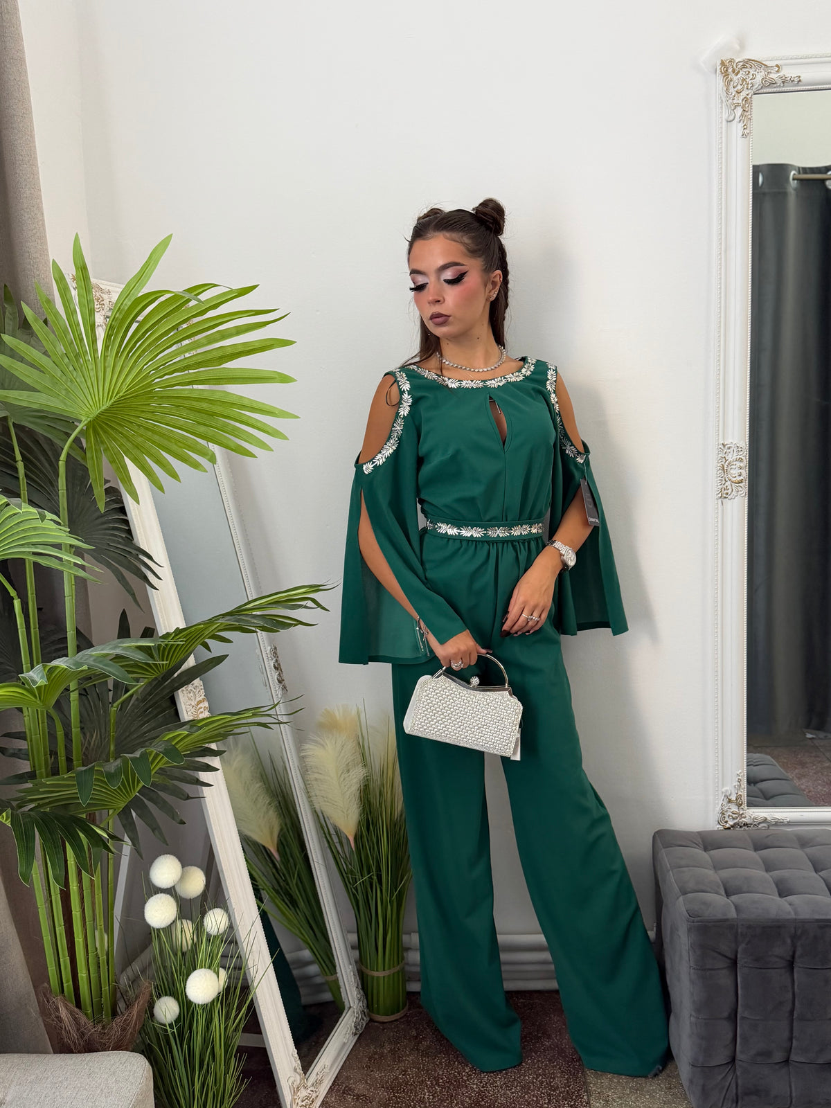 Salopetă elegantă verde cu detalii argintii ELSA