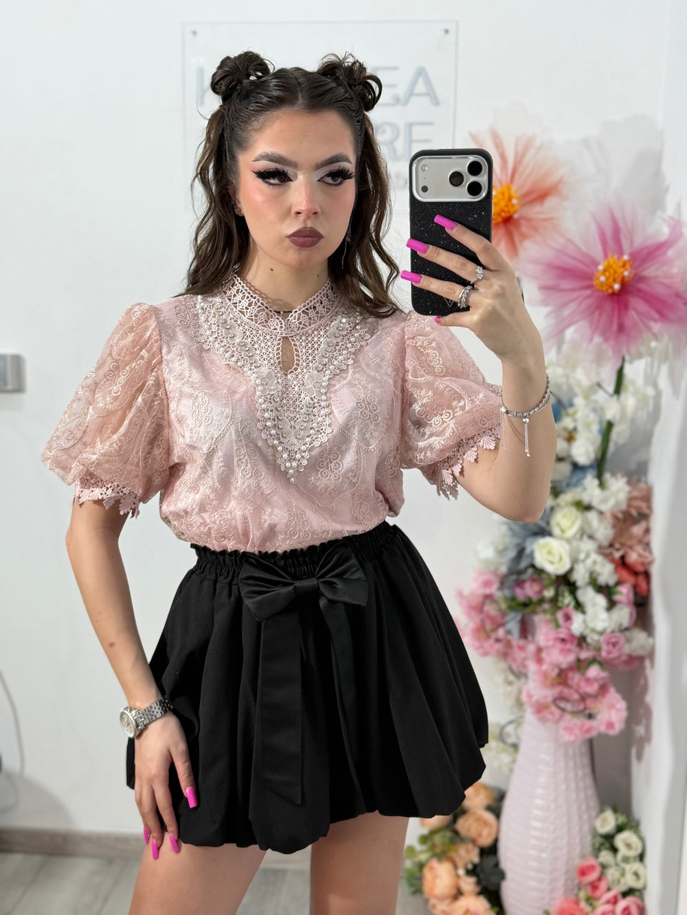 Bluză elegantă din dantelă cu perlute ELLENA roz