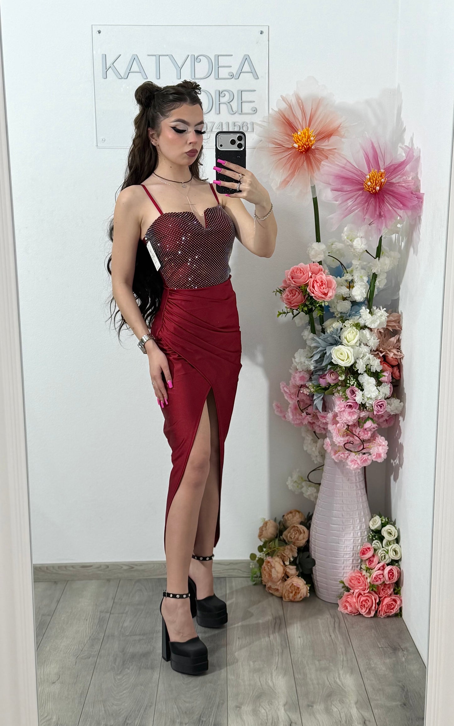 Rochie midi cu cristale grena DELIA